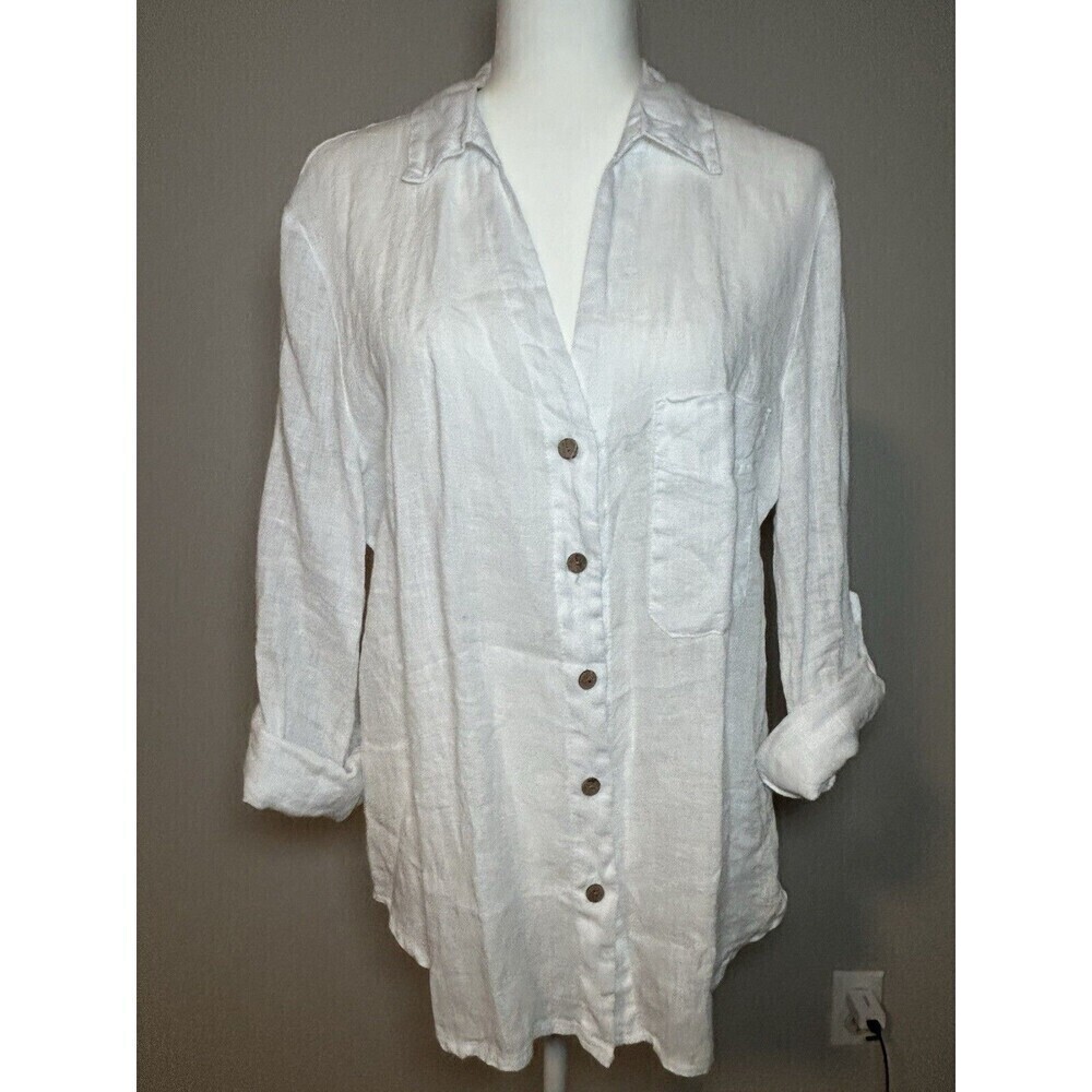 FIRENZE IN MAGLIA White Linen Long Sleeve Button Up V-neck Cuffed Sleeve Size L